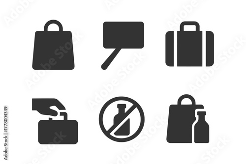 Minimalist shopping icons collection: bag, sign, suitcase, hand, no bottle symbol.