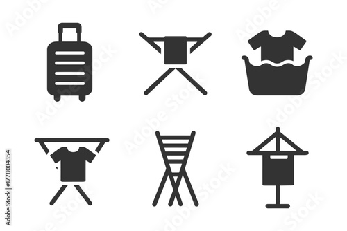 Laundry and travel essentials icons: suitcase, drying rack, wash basin.