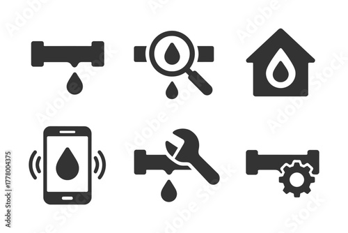 Water leak detection and plumbing repair icons set.