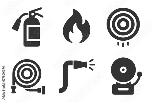 Fire safety icons: extinguisher, flame, alarm, hose, nozzle, bell.