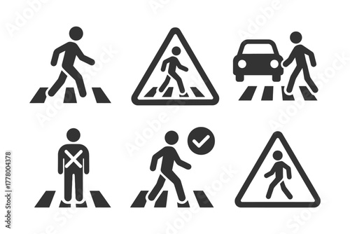 Pedestrian symbols: crosswalk, traffic, safety icons.