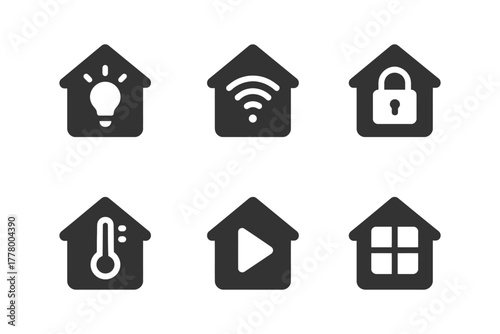 Smart home technology icons: light, wi-fi, security, temperature, media, windows.