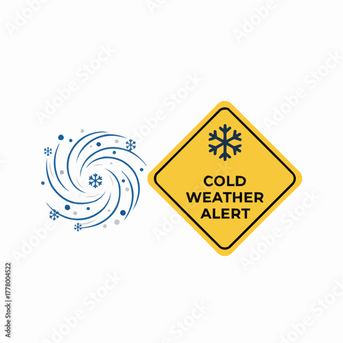 Weather alert sign with snowflake and swirling snow graphic illustration