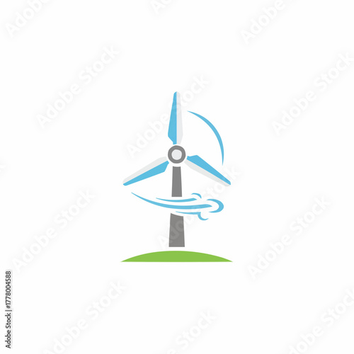 Illustration of a wind turbine with blades and wind on a green hill area