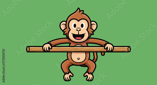 A cartoon monkey is holding onto a wooden bar with both hands, appearing to swing.