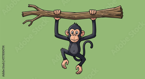 A cute cartoon monkey with black fur hangs from a brown tree branch against a plain green background.