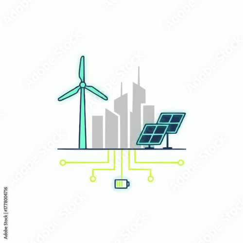 Illustration of wind turbine, solar panels, and city skyline with battery icon