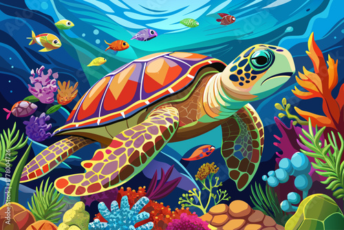 Colorful sea turtle swimming underwater in clear blue ocean, vibrant sea life scene, exotic aquatic wildlife photography, underwater tropical nature, and ocean animal stock image.
