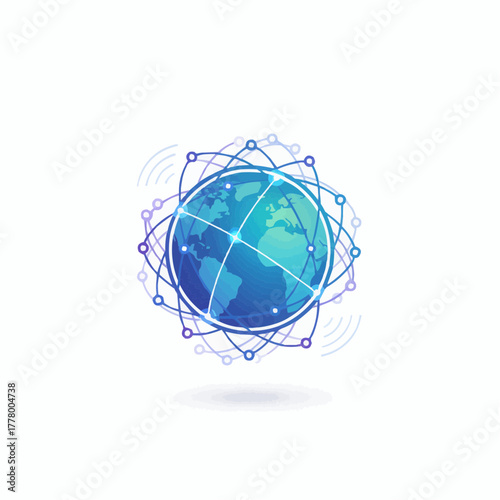 Illustration of a globe surrounded by a network of connected circles