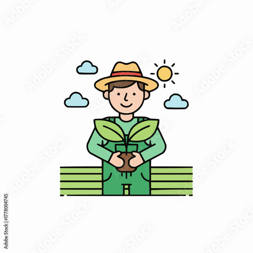 Illustration of a farmer holding a plant with sun and clouds in background