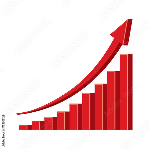 Growing business 3d red arrow on white background. Profit red arrow, Vector illustration.Business concept, growing chart. Sales symbol icon with arrow moving up. Economic Arrow With Growing Trend.