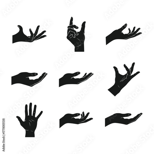 Hand gesture collection set, each offering a unique form of expression, ranging from lifting upward to holding something in the air.