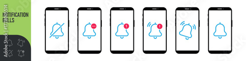 Notification bell icon for incoming inbox message on the smartphone screen. Bells is shaking to alert new notifications, ​for web site, logo, app, UI