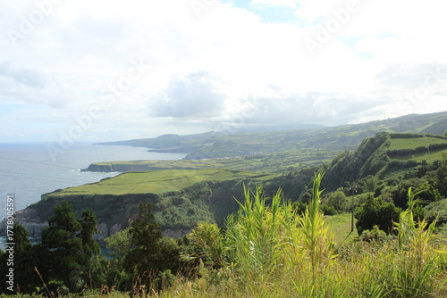 view from the top of the mountain to the cliff in Azores island, in portugal