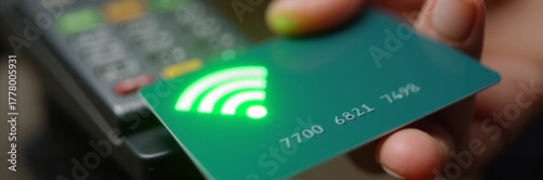 Contactless payment with a green card near point of sale machine. Contactless payment method ensures quick transactions, offering convenience for customers.