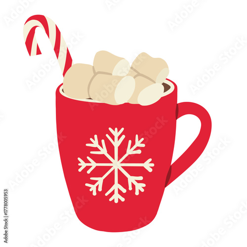 Christmas cocoa drink with marshmallows. Hot chocolate drink mug on white background. Winter season drink doodle illustration