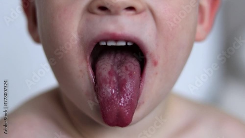 Close up of a red tongue of scarlet fever disease of a small child