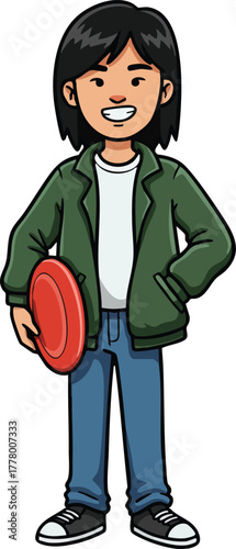 Boy holding red frisbee wearing green jacket and blue jeans vector illustration with casual style and black hair 
