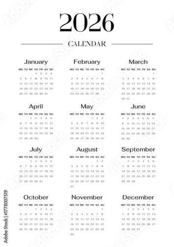 Minimalist English 2026 year calendar template single vertical page with 12 month. Week starts on Monday. Layout yearly planner with elegant typography