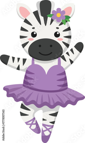 Zebra wearing purple tutu ballet outfit performing dance pose vector illustration 
