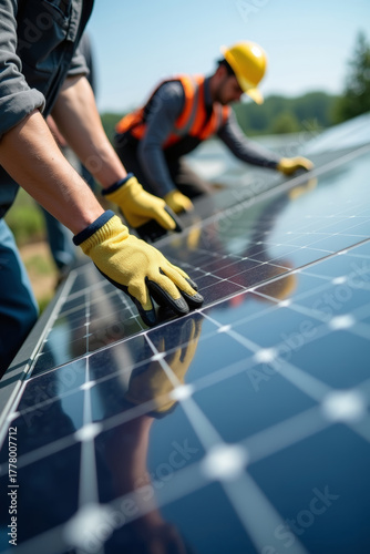 Close-up of worker hands in yellow gloves installing solar panels outdoors. Renewable energy engineering for sustainable technology and clean power