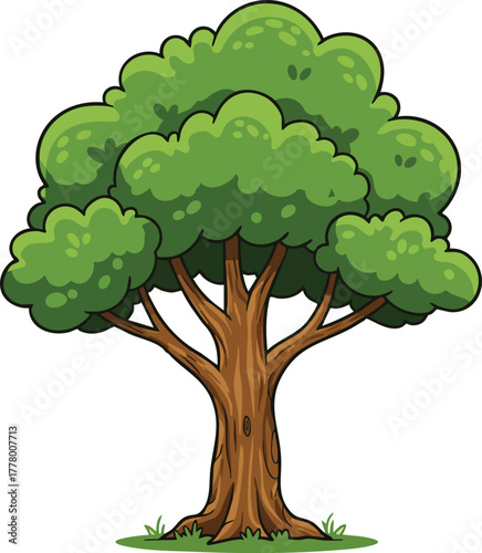 Green leafy tree with brown trunk and grass base in natural environment vector illustration 