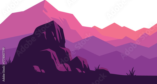 Mountain landscape with purple and pink hues vector illustration of layered rocky hills and grass silhouette in evening light 