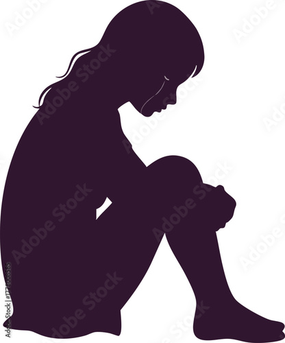 Silhouette of pensive girl sitting with knees hugged in thoughtful pose vector illustration 