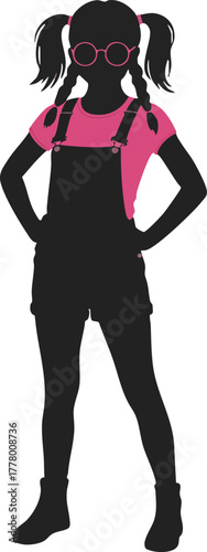 Girl with pigtails wearing pink shirt and glasses standing with hands on hips vector illustration 