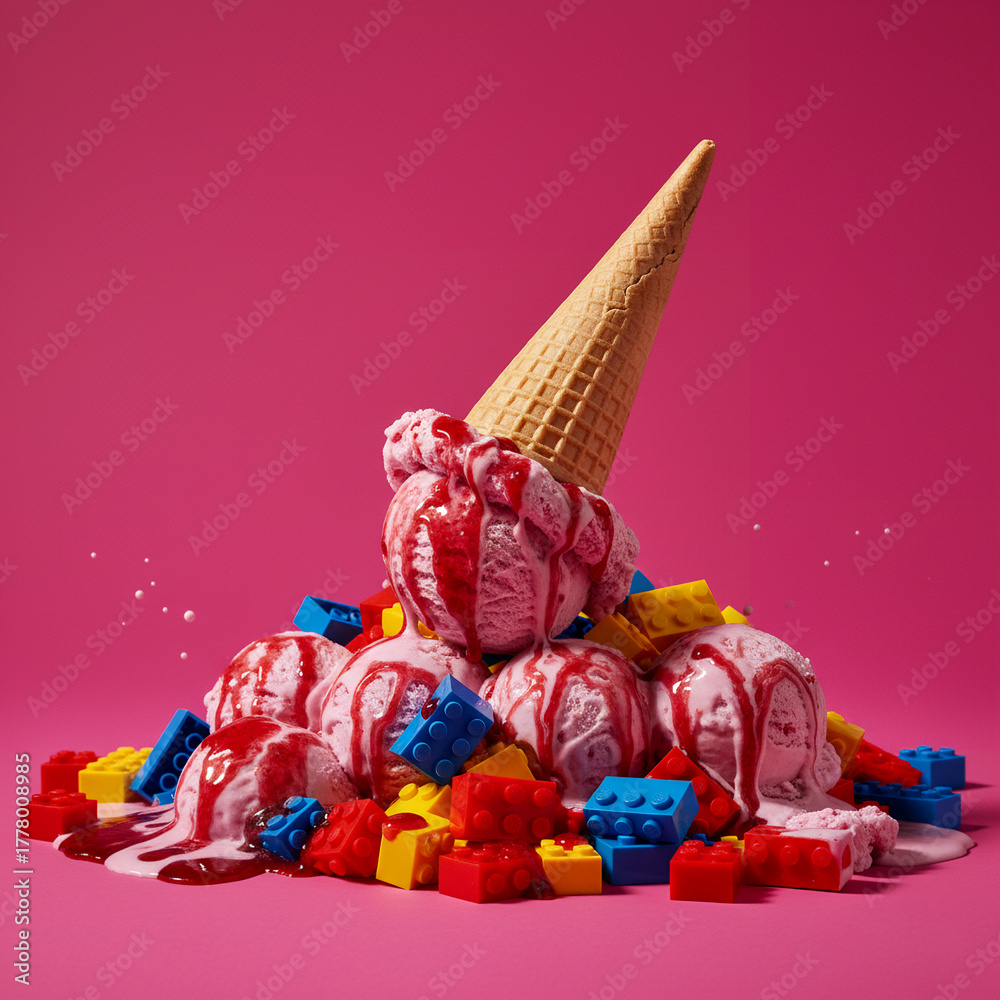 Obraz premium Strawberry Ice Cream Scoops Melting Over Colorful Plastic Building Blocks