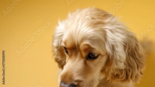 淡黄色背景でコッカーが見上げる図