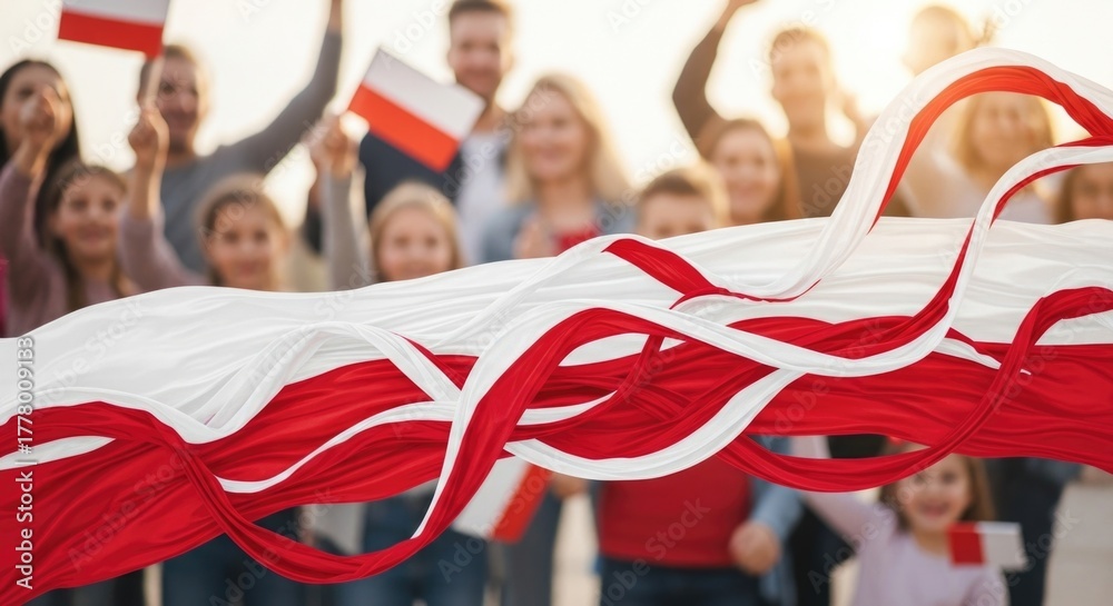 Fototapeta premium Joyful Polish citizens and children raising small flags, celebrating national independence day with immense pride, a large vibrant red white banner flowing in warm sunlight.