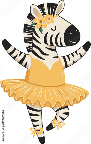 Zebra wearing yellow tutu ballet dress dancing with flower headband vector illustration animal costume design 