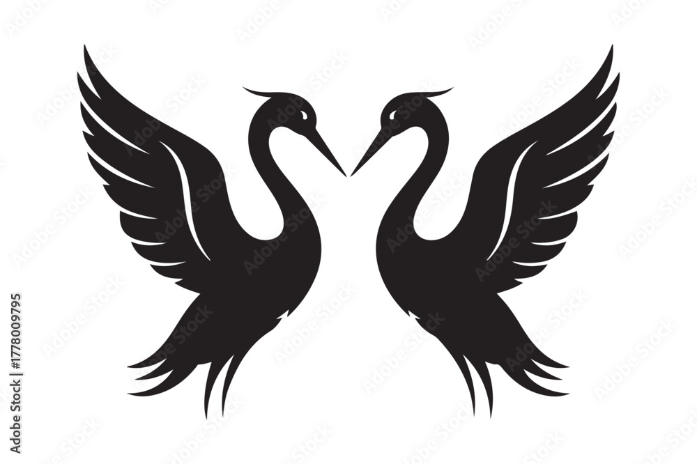 Obraz premium Two elegant black swans forming a heart shape