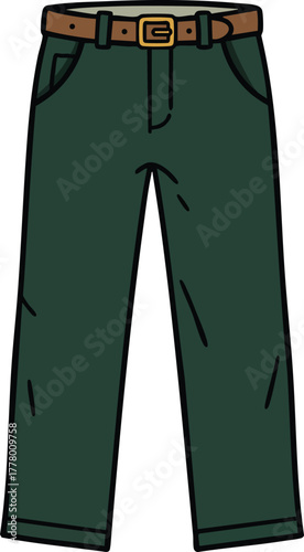 Dark green pants with brown belt vector illustration for casual fashion and clothing design 