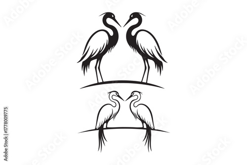 Two pairs of elegant cranes in artistic line drawing style