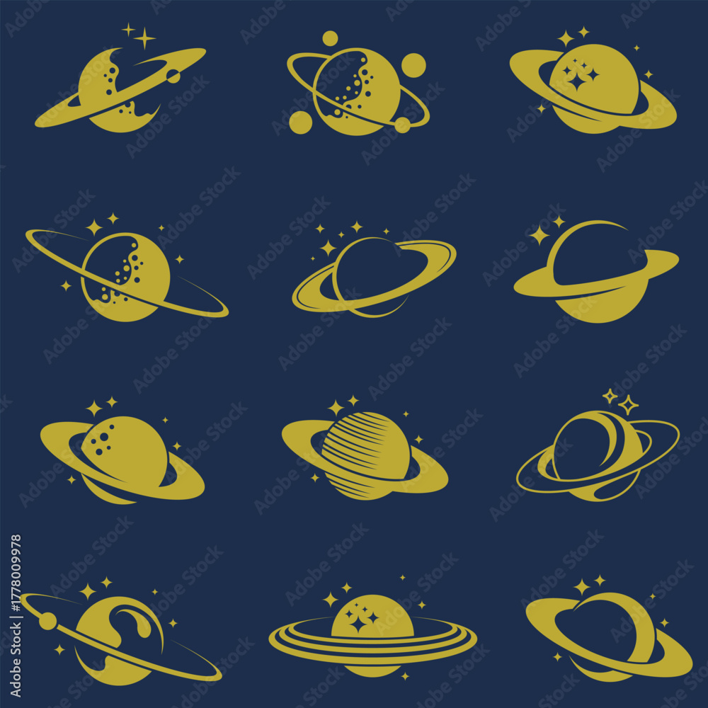 Obraz premium golden collection of planet saturn with stars isolated on blue background