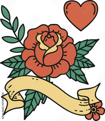 Rose flower with heart and banner vintage style vector illustration for romantic design and decoration 