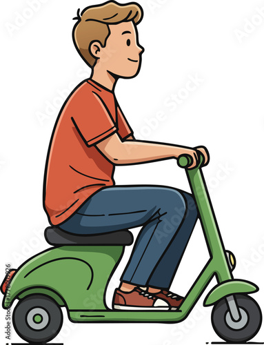 Boy riding green scooter outdoors casual clothing vector illustration with side view and simple style 