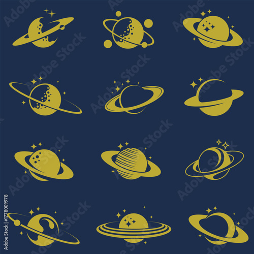 golden collection of planet saturn with stars isolated on blue  background