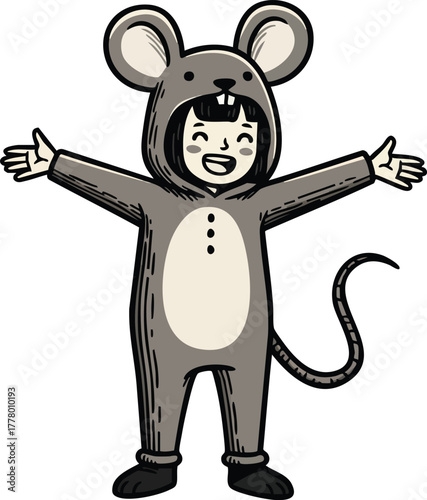 Child in Gray Mouse Costume with Open Arms Happy Kid Wearing Animal Outfit for Party or Playtime Fun
