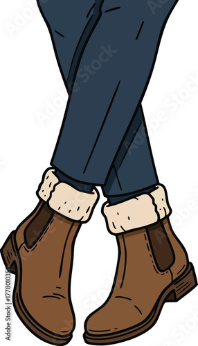 Brown winter boots with fur lining worn with blue pants fashion illustration vector 