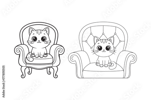 Two adorable cartoon cats sitting in ornate armchairs