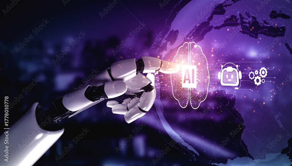 Fototapeta premium AI Assistant Brain Processor with LLM Technology, Big Data, Machine Learning, Generative AI for Business Support, Future Agentic AI Technology and Artificial Intelligence Prompt Engineering. Vouch