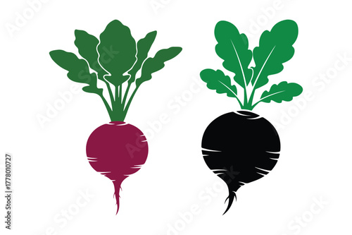 Two stylized beetroots one purple and one black silhouette