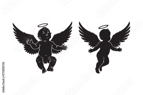 Two black silhouettes of cherubic angels with wings and halos