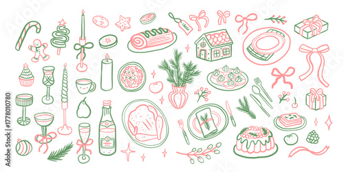 Set of charming whimsical vintage Christmas outline illustrations of festive food, tableware and drinks for invitations, greeting cards, menus, posters, products, blogs, web design