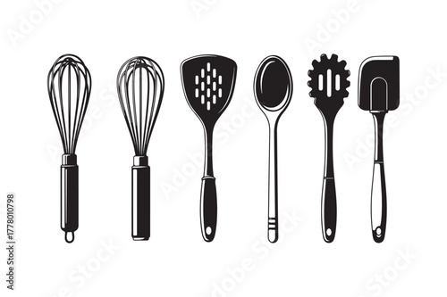 Collection of kitchen utensils in a row