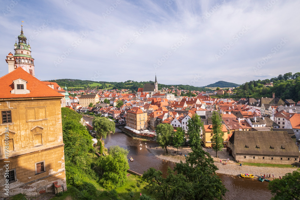 Fototapeta premium Aerial view of historic Old Town Cesky Krumlov from the castle.