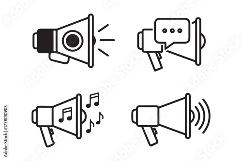 Set of four megaphone icons illustrating different communication concepts